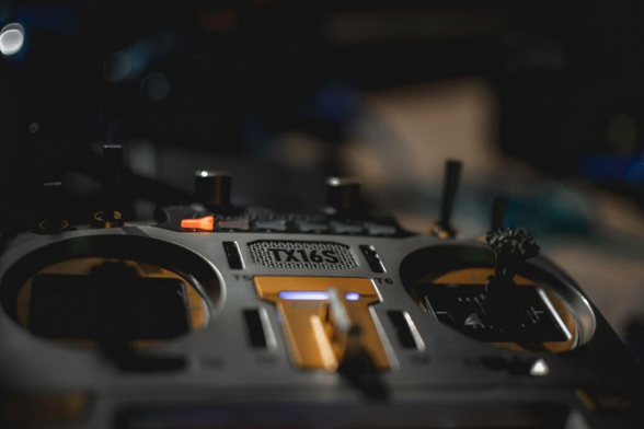 Close up of a FPV drone radio transmitter.