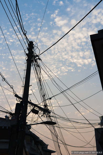 A telephone pole and its wires with sunset sky background.