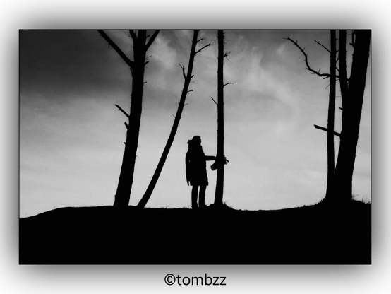 A black and white photograph of a woman standing among several leafless trees on a hill. She is holding onto one of the trees and looking towards the right side of the image. The sky in the background is cloudy, creating a dramatic and moody atmosphere. The high contrast of the black and white enhances the overall feel of the scene.