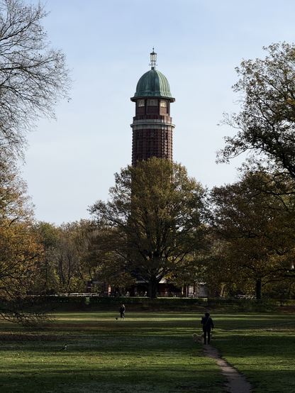 A green field, with some trees scattered around. The leaves on the trees are browning.

In the middle is a brown tower with a green domed roof.