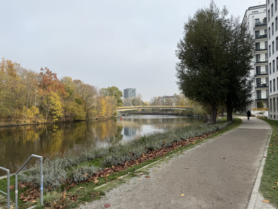 A river, with green, brown and red leaved trees on the far side, a bridge spanning the far and near sides, and a path in grass on the near side. Besides the path, the near side has a few trees and grass on the river side of the path, and modern apartment buildings on the right.

Photo taken in Charlottenburg.