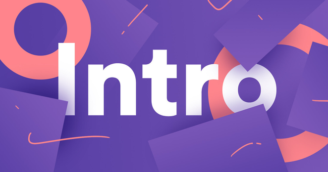 The word "Intro" in large, bold, white sans-serif font is displayed against a background of overlapping purple squares.  Coral-colored circles and thin lines are interspersed among the purple shapes.