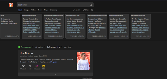 DuckDuckGo search results with a horizontal view of fediverse posts that match the search 'Joe Burrow'