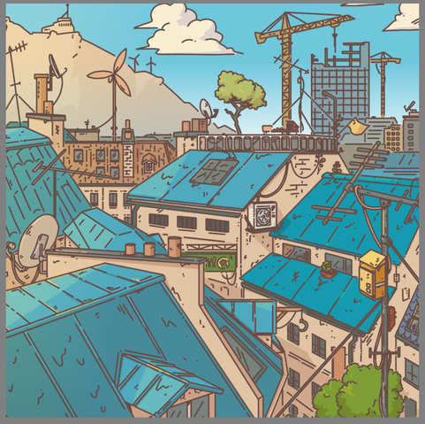 Rendered illustration of a city rooftop view, with blue roofs, tons of antennas and wires. A construction site is seen in the distance
