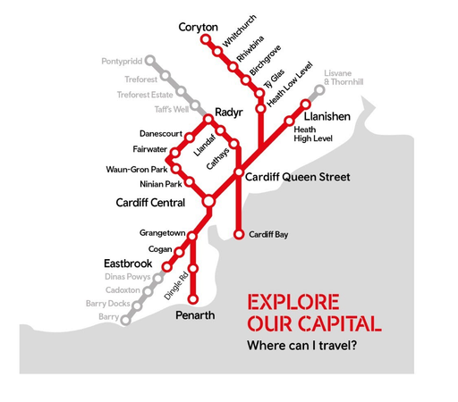 A rail network map of the Cardiff area