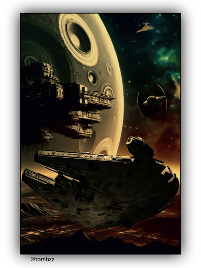 The digital painting depicts a futuristic space scene filled with elements inspired by the Star Wars universe. In the foreground, a large spaceship resembling the Millennium Falcon is visible, with its characteristic oval shape and detailed hull. Above it, another spacecraft—a starfighter similar in appearance to a TIE Fighter—hovers with its wings extended in flat panels.

In the background, a gigantic planet stretches across the scene, covered in intricate concentric patterns, suggesting advanced technology or extraterrestrial origins. Attached to the planet is a massive space station, consisting of numerous levels, structures, and details that emphasize its monumental scale.

The sky is scattered with stars and vibrant nebulae, adding depth and atmosphere to the cosmic landscape. At the top of the image, on the right side, a very distant Star Destroyer can be seen in the far background, floating majestically at the edge of the frame, its silhouette barely distinguishable against the dark void of space.