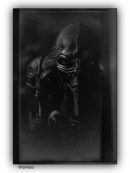 A dark science fiction illustration depicts two alien beings in a portrait format. Their skin is dark, almost metallic, and their features are elongated and unusual from our human perspective. They seem alien not only physically but emotionally as well. The smaller figure on the left has wide-open eyes filled with tension—is it fear, unease, or something entirely different that we can't comprehend? The larger figure looks straight ahead with an apparent sternness; its facial expression may appear menacing to us, though we do not know if, in their culture, it signifies care, dominance, or indifference. The entire scene is rendered in cool, monochromatic tones, enhancing its mysterious and unsettling atmosphere.  
This interpretation is purely human—an understanding shaped by our experiences. Perhaps their gazes conceal something we are unable to perceive.
