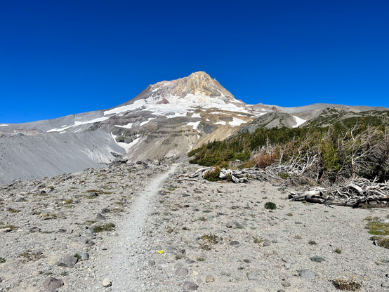 A view of Mount Hood from the Timberline Trail. Glaciers surround the peak. Rocky trail on the side of Newton Canyon. 