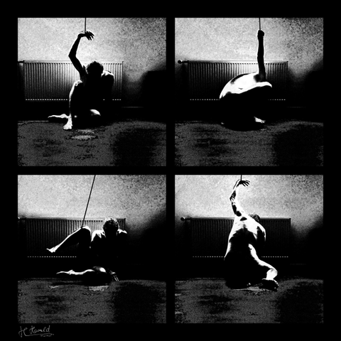A collage of 4 square black and white pictures of a naked man who appears to be pulled upwards by his arms or legs by ropes. He is sitting in various poses on the floor in front of a radiator. The images are roughly pixelated and very high-contrast.