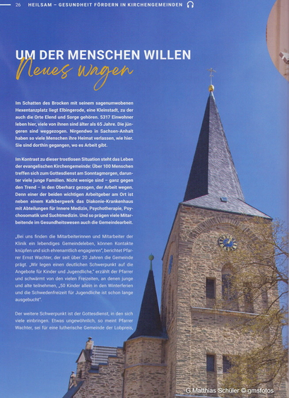Foto der Stadtkirche Elbingerode für den Artikel "Um der Menschen Willen Neues Wagen" in der aktuellen Ausgabe von ChrisCare, dem Magazin für Spiritualität und Gesundheit  März 2025