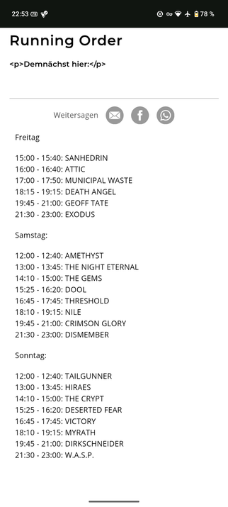 Liste aller Bands und ihre Auftrittszeiten.