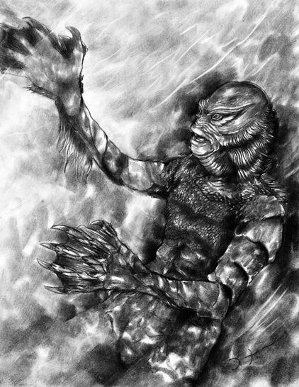 Black and white fan art pencil drawing of The Creature From The Black Lagoon drawn by Konaa mac Nessa.