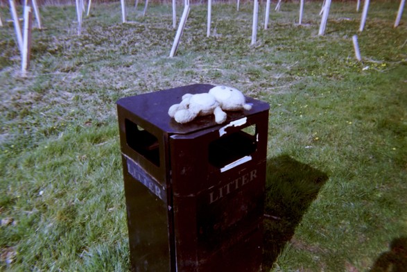 A teddy bear left on top of a litter bin.