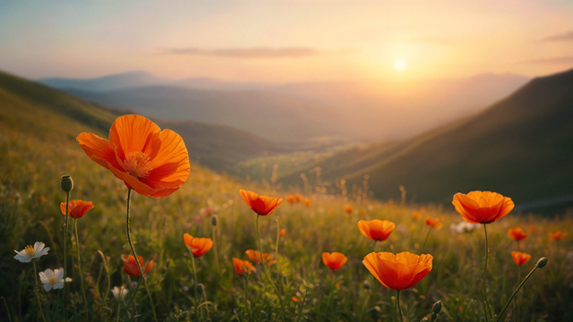 This image captures a stunning landscape of orange poppies in full bloom across a grassy hillside during sunset or sunrise. The soft golden light bathes the scene, casting a warm glow on the delicate petals and creating long, gentle shadows. The foreground prominently features a sharp, detailed poppy, with its crinkled petals glowing almost translucent in the light. In the distance, rolling hills and a valley fade into a dreamy, misty background, contributing to the serene and tranquil atmosphere.