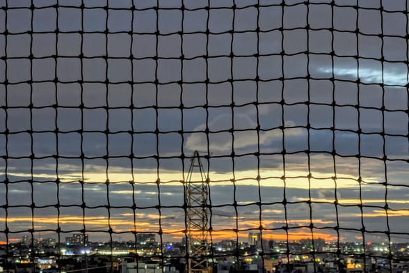 photo of the evening sky with many hues of sunset. a net covers the entire scene.