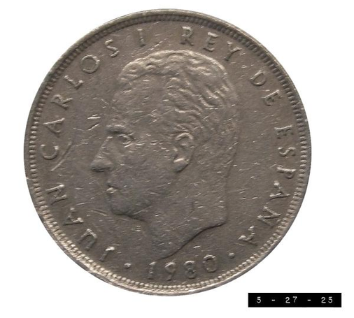 King Juan Carlos I Spanish coin (25 Pesetas; 1980-82).  Was Juan Carlos a good guy or a bad guy?  Opinions seem to differ....  Perhaps, like so many, he was both. 
Some 117,000,000 of these seem to have been minted.  You can get one for yourself for less than a dollar.   