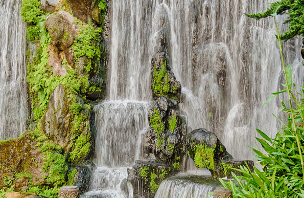 Artificial waterfall on the temple premises.