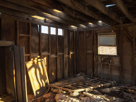 Interior of abandoned cabin with sinuous shadows cast by holes in roof and walls.