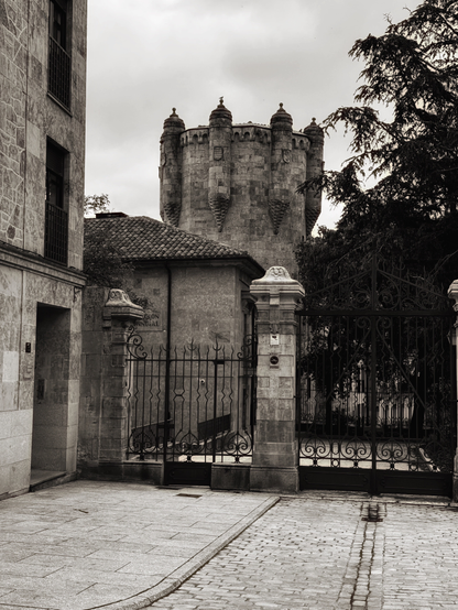 Una fotografía en blanco y negro muestra una entrada a un recinto amurallado. Una torre de piedra de estilo medieval, con almenas y detalles arquitectónicos ornamentados, se alza al fondo.  A su lado, un edificio de piedra de estilo similar pero más moderno,  con una puerta de reja de hierro forjado.  Un camino de adoquines conduce a la entrada, flanqueado por paredes de piedra.  Un árbol frondoso se encuentra parcialmente en la escena, a la derecha. El ambiente es sombrío y evoca una atmósfera histórica.