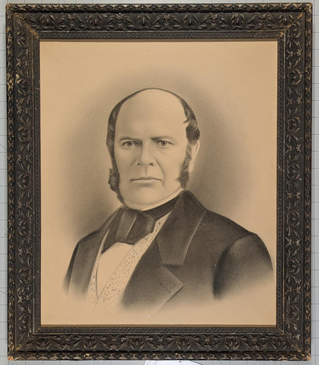 An antique sepia crayon portrait of a man with sideburns from around 1890 in an ornate black frame