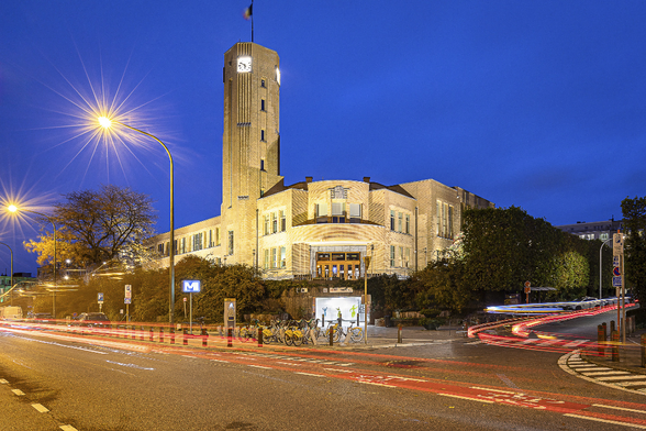Woluwe-St-Lambert town hall at blue hour. Designed by Joseph Diongre (1937-1939) is a fine example of functionist Art Deco public building. 