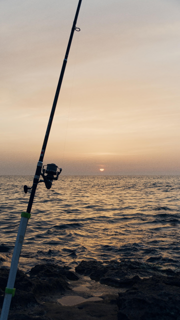 A fishing rod is propped up on a rocky shoreline at sunset, with the sun partially set over the calm sea and the sky painted in soft hues of orange and gold.