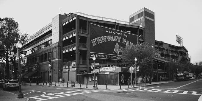 Black and white photo of Fenway Park as seen from the corner of Jersey & Van Ness.