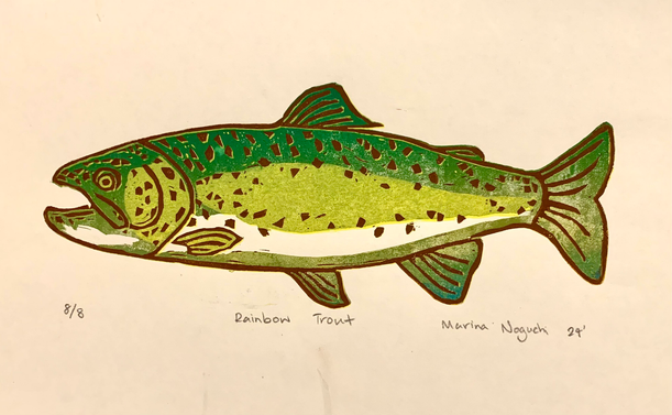 A block printing of a rainbow trout using green and yellow colors.