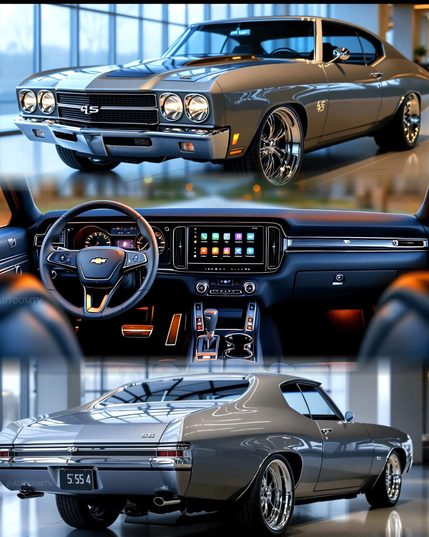 The image features a classic muscle car, specifically a Chevrolet Chevelle SS, displayed in a showroom. The car is shown from three different angles: the front, the interior, and the rear. The exterior shots highlight its sleek, dark grey paint job and chrome accents, while the interior shot reveals a modern dashboard with a touchscreen display and a classic steering wheel with the Chevrolet logo. The background of the showroom has large windows, allowing natural light to illuminate the car. The setting appears to be a modern automotive showroom, but the specific city or location is not identifiable from the image.