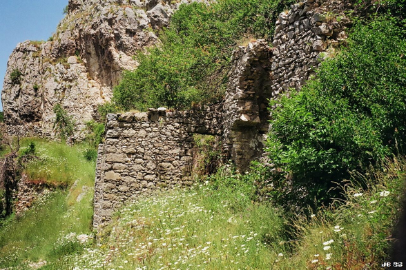Farbfoto mit einem sommerlichen Blick auf einige Ruinen der Geisterstadt Camerata Vecchia in den Abruzzen, die auf einer Höhe von 1220 Metern in den Monti Simbruini liegt. Sie wurde auf der Seite eines Felsrückens erbaut, von dem oben links ein Teil zu sehen ist. Im Vordergrund Gräser, Blumen und Gebüsch. Olympus Trip 35 auf Kodak Gold.