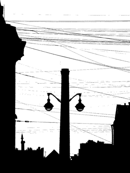 The extremely black and whiute photo of the street's skyscape in the center of the Saint-Petersburg. There are a lot of wires on the sky between the houses. On the center of the photo there are an old factory chimney covered with an old street lamp, so looks like the plafonds are connected right to the chimney.