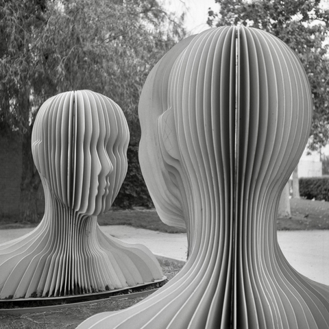 A black and white film photo. The beautiful art installation Mutualism by Soonmi Oh is seen in front of the Burbank Public Library in Los Angeles California. Saturday, May 17, 2025.