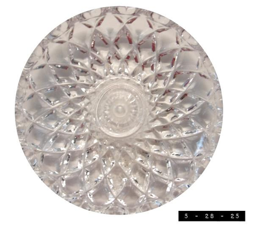 Overhead shot of cut glass ring holder, 3" wide with a hard-to-see 2.75" tall center post for rings.  