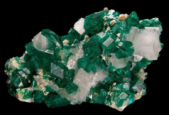 Dioptase with calcite and minrecordite  - Tsumeb Mine (Tsumcorp Mine), Tsumeb, Otjikoto (Oshikoto) Region, Namibia (5.5×4cm)