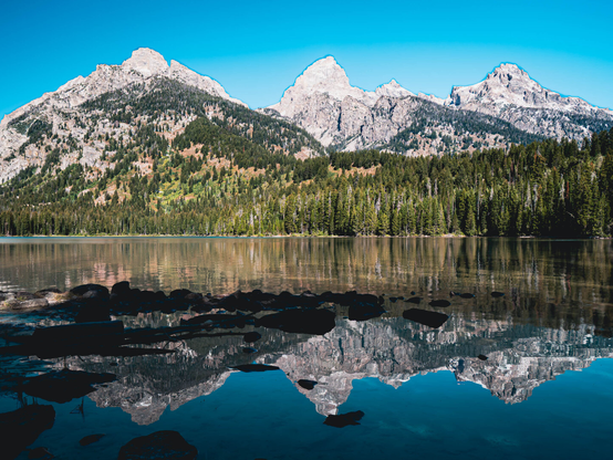 Craggy mountains with green trees below reflected in a mirror lake.
