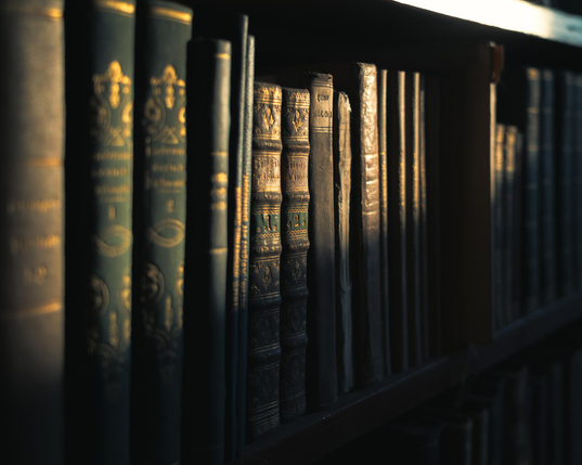 A photo of old books in the Klosterneuburg monastery library. A ray of sunshine is shining diagonally on the books, revealing mostly green and gold covers
