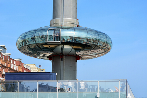 Photo of the i360 vertical cable car on Brighton seafront, with an observation car which rises to 160 metres.  Since earlier this year (2025) it is now owned by the hospitality group Nightcap Ltd. City of Brighton & Hove, Sussex.