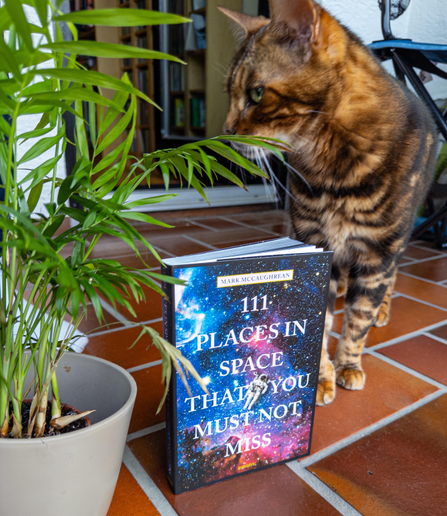 A picture of our gold and brown bengal cat on a red tiled balcony behind a copy of my book, “111 Places in Space That You Must Not Miss” standing up in front of him, with a green plant on the left.