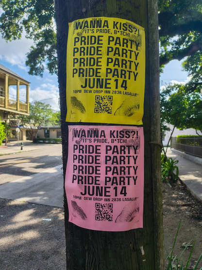 Pride flyers on a pole. 