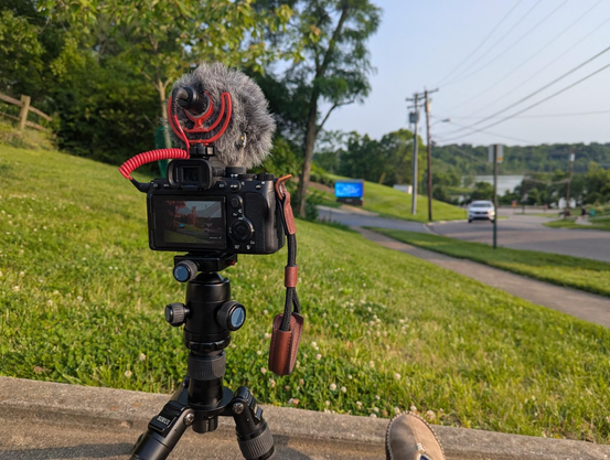 A photograph of the back of a camera sitting on a tripod. The camera has a big, fluffy microphone on top. It is pointed at a digital sign, off in the distance. A mowed lawn with clover in it, along with trees, shrubs, and a sidewalk all occupy the space in between. A car approaches on the adjacent road. Neighbor powerlines occupy the space between the road and sidewalk.