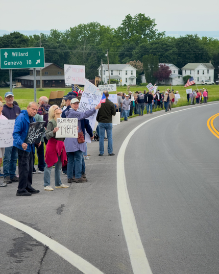 Citizens at the No Kings event in Ovid, NY, today, June 14, 2025. Phone photo.