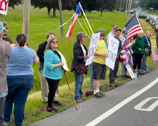 Citizens at the No Kings event in Ovid, NY, today, June 14, 2025. Phone photo.