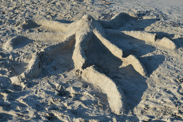 A photo of a sand sculpture of an octopus.