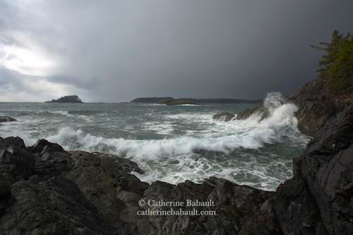 Big waves crashing on a rocky shoreline. The sea is agitated and has a green tint, there are islets on the horizon. The sky is dark.