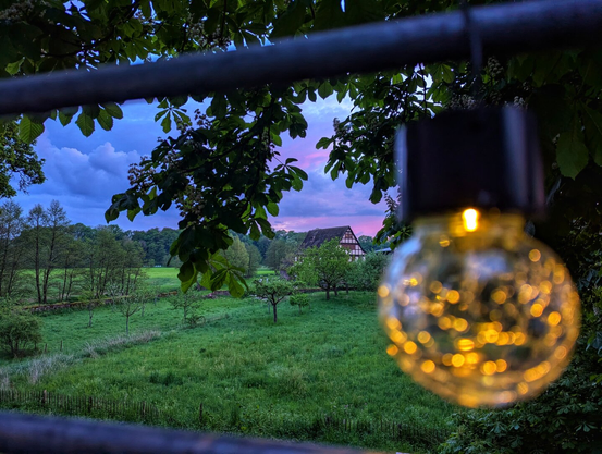 A string light bulb hangs in the foreground on the right, blurred and out of focus. Behind it, a picturesque rural scene unfolds at dusk with a purple and pink sky. Lush green fields stretch into the distance, dotted with trees and a traditional half-timbered house with a white facade and dark roof nestled amongst more trees in the midground. Dark foliage frames the top and left of the image, contributing to the serene, twilight atmosphere.