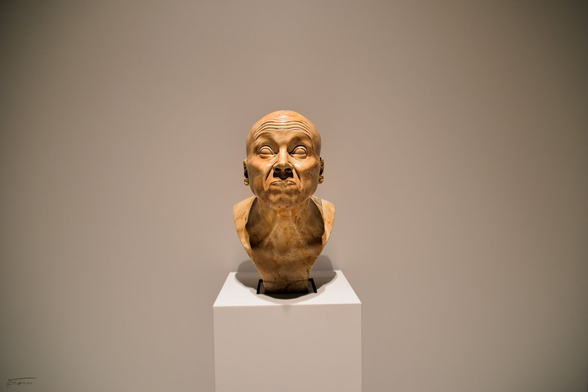 Das Foto zeigt eine markante Büste. Die Skulptur steht zentral auf einem weißen Sockel vor einer schlichten, hellgrauen Wand. Dargestellt ist ein kahler Männerkopf mit ausdrucksstarker Mimik: Die Stirn ist gerunzelt, die Augen stark nach oben verdreht und die Lippen zu einem Schmollmund verzogen. Der Gesichtsausdruck wirkt gleichzeitig komisch und angespannt. Die Oberfläche der Büste erinnert an Marmor mit warmen, beige-braunen Tönen. Das Licht ist weich und gezielt, wodurch feine Details wie Falten und Hautstruktur gut zur Geltung kommen. Die Inszenierung betont die emotionale Wirkung der Figur und lässt Raum für Interpretation.

Die Büste im Wien Museum ist Teil der berühmten Serie der „Charakterköpfe“ von Franz Xaver Messerschmidt (1736–1783).