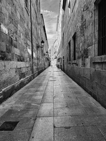 Un callejón estrecho en blanco y negro, flanqueado por altos edificios de piedra.  Las paredes de piedra muestran un desgaste natural. El suelo está empedrado, y al final del callejón se pueden ver dos figuras humanas a lo lejos, apenas distinguibles.  Hay farolas antiguas en las paredes de los edificios. La perspectiva es desde el principio del callejón, mirando hacia el final.