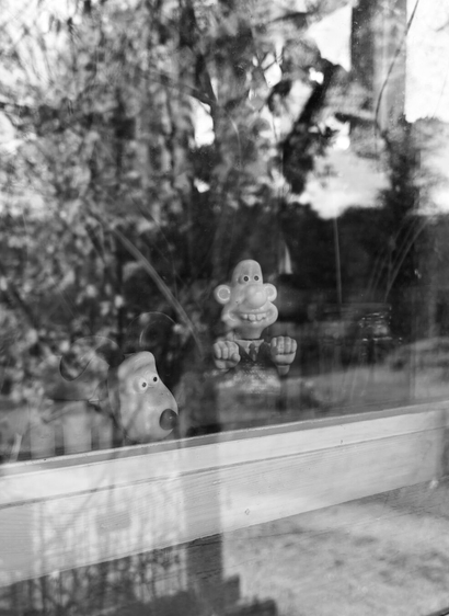 Black and white photo of Wallace and Gromit toys pictured through a window. Window has reflection of a yard that toys are faced towards.