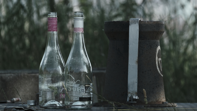 Querformat-Fotografie in gedämpften Farben. Links im Bild sind zwei ungefärbte, durchsichtige, leere Glasflaschen zu sehen, deren bauchige und nach oben verjüngte Form auf Alkohol hinweist. Die Flaschen stehen auf einer Metalloberfläche, vielleicht ein Tisch, die aber aufgrund des flachen Winkels nur wenig zu sehen ist. Aus der Oberfläche ragt ein verrostetes Rohr heraus, über das ein silberner Metallstreifen gespannt ist und welches von der Form her an die Schachfigur "Turm" erinnert, nur ohne Zinnen. Im Hintergrund sind verschwommen dunkelgrüne Büsche zu sehen.
