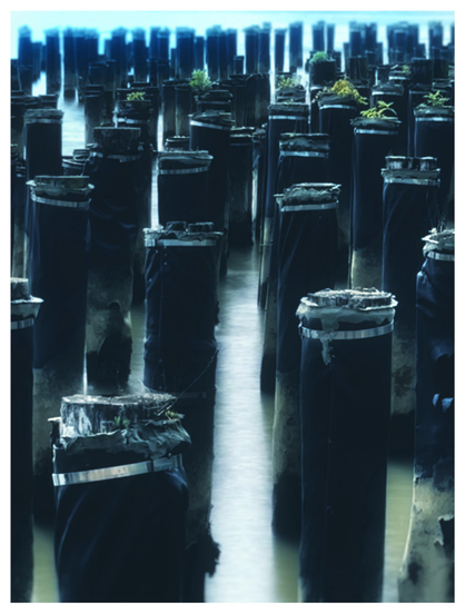 A long-exposure photo of many old wooden pilings rising out of water at the Brooklyn piers. The pilings are wrapped in a navy blue material (vinyl?) that is affixed near the top by thin metal bands and is faded and cracked near the water line. Some green vegetation grows on top of some of the more distant pilings. The long exposure smooths the water into a luminous, glassy surface.